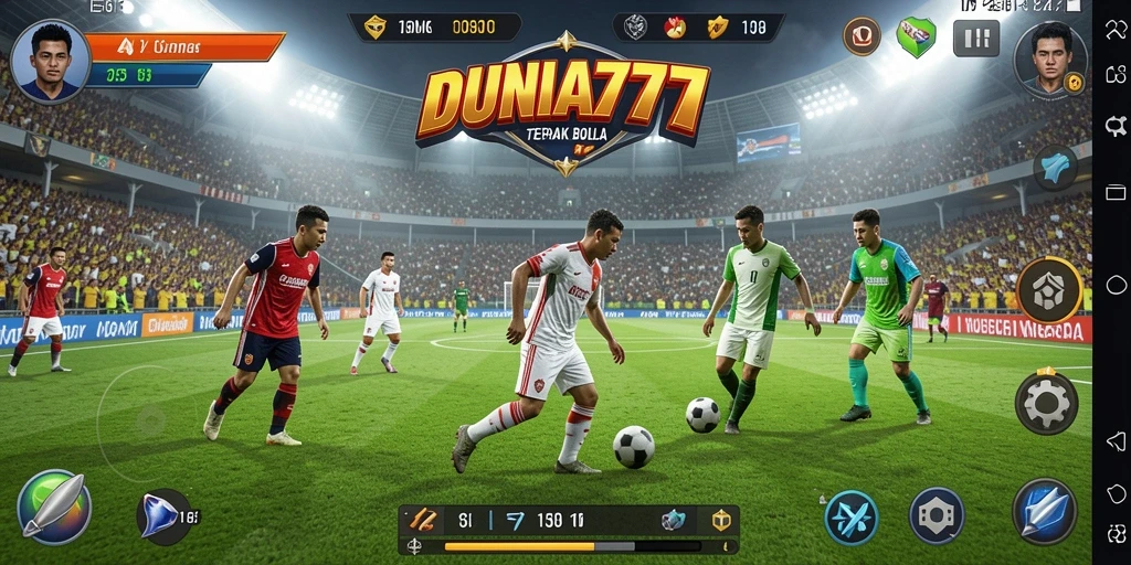 Tampilan gameplay intens dalam DUNIA777 di lapangan sepak bola.