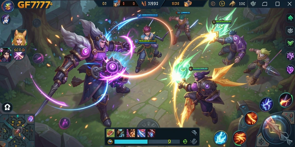 Screenshot gameplay GF777 yang menampilkan pertarungan seru di arena MOBA.