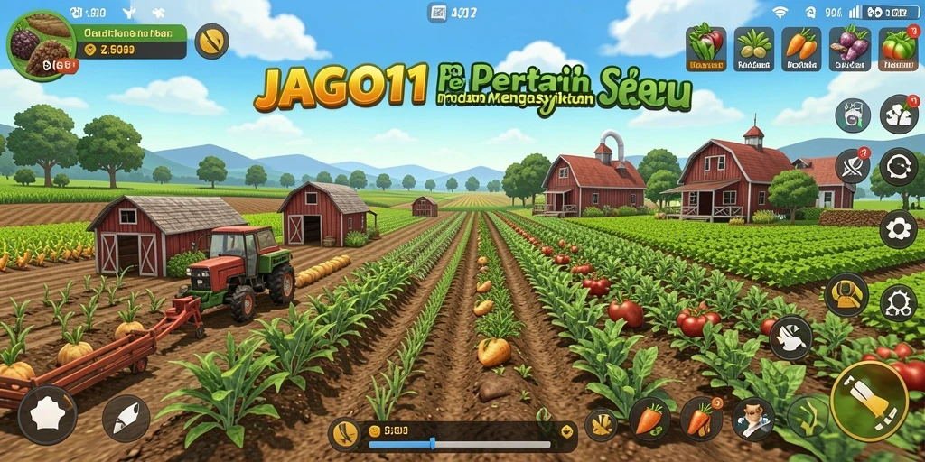 Screenshot utama JAGO11 yang menunjukkan gameplay pertanian yang menarik.