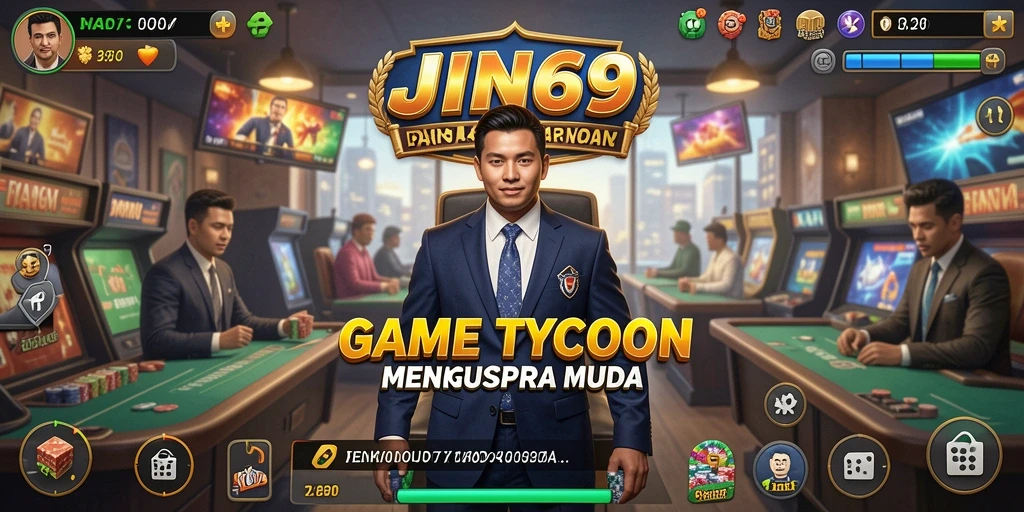 Tangkapan layar menunjukkan gameplay interaktif JIN69 dalam simulasi bisnis.