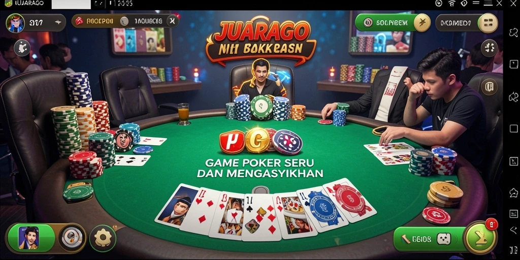 Menampilkan gameplay JUARAGO yang mendebarkan dan interaksi pemain poker.