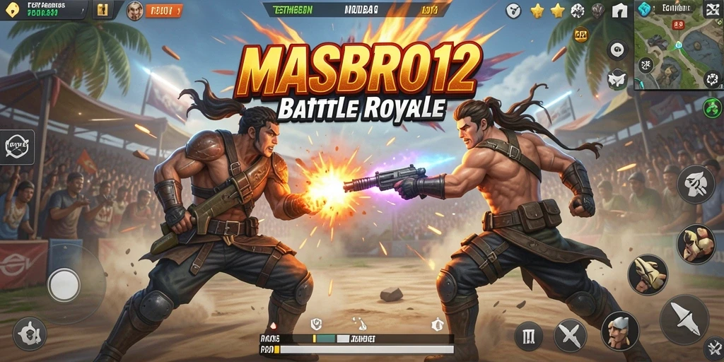 Screenshot permainan MASBRO12 menampilkan aksi seru di arena Battle Royale.
