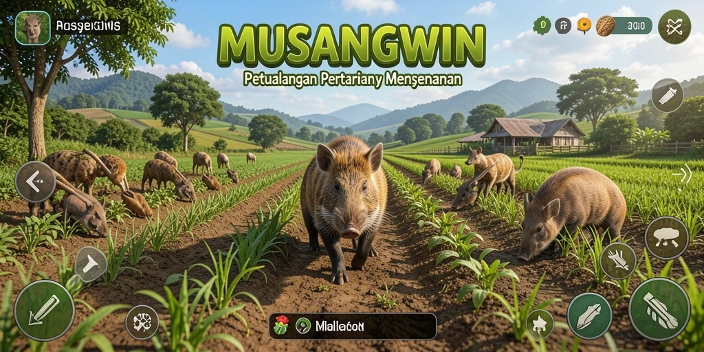 Tampilan gameplay <strong>MUSANGWIN</strong> yang memperlihatkan aktivitas bertani yang seru.