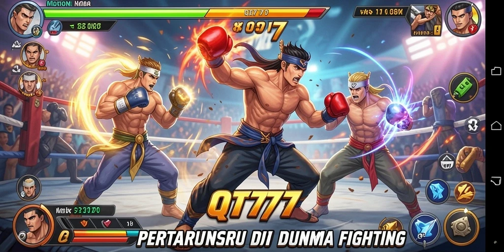 Tampilan gameplay QT777 dengan pertarungan yang mendebarkan dan karakter beragam.